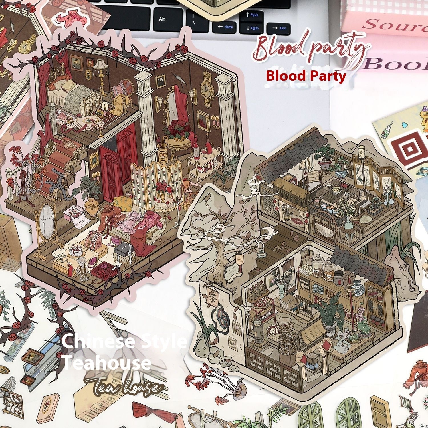 Retro Scene Landscaping Stickers | Cottage Miniature Notebook Collage