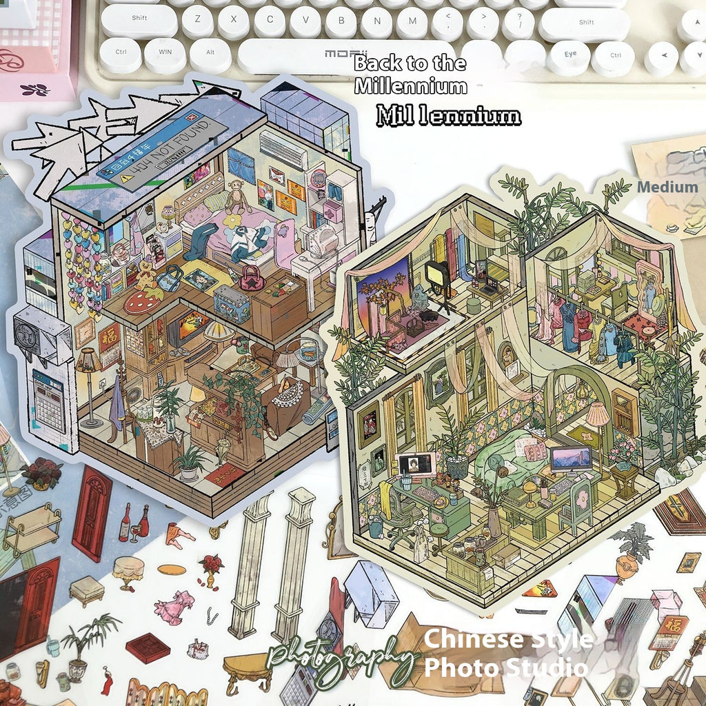 Retro Scene Landscaping Stickers | Cottage Miniature Notebook Collage